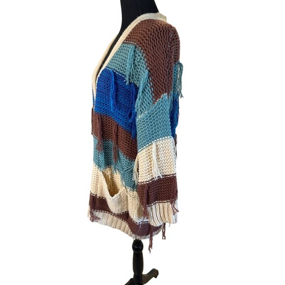 Umgee Fringed Striped Cable Knit Cardigan Sweater S/M Brown Blue Western Boho - Picture 5 of 11